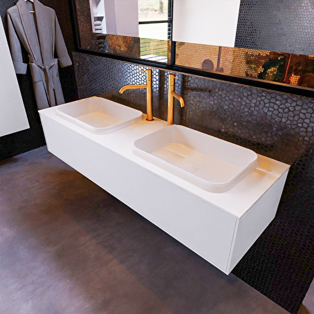 MONDIAZ ERIN 150cm badmeubel onderkast kleur Cale met 1 lade. Wastafel RIDGE dubbel 2 kraangaten kleur Talc.