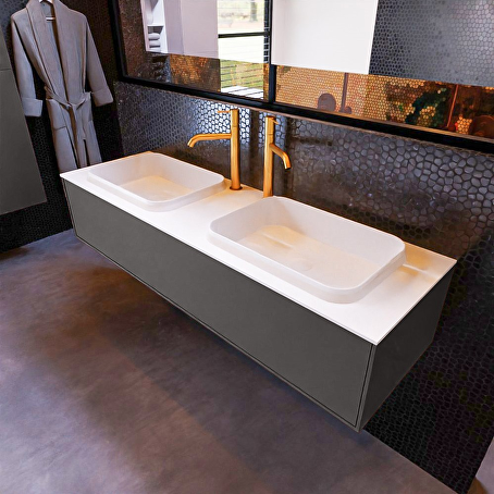 MONDIAZ ERIN 150cm badmeubel onderkast kleur Dark_grey met 1 lade. Wastafel RIDGE dubbel 2 kraangaten kleur Talc.