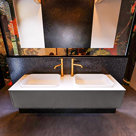 MONDIAZ ERIN 150cm badmeubel onderkast kleur Dark_grey met 1 lade. Wastafel RIDGE dubbel 2 kraangaten kleur Talc.