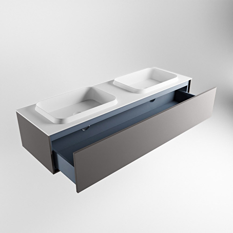 MONDIAZ ERIN 150cm badmeubel onderkast kleur Dark_grey met 1 lade. Wastafel RIDGE dubbel 2 kraangaten kleur Talc.