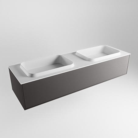 MONDIAZ ERIN 150cm badmeubel onderkast kleur Dark_grey met 1 lade. Wastafel RIDGE dubbel 2 kraangaten kleur Talc.
