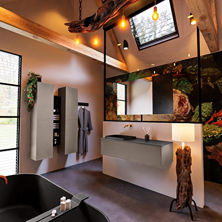 MONDIAZ ERIN 120cm badmeubel onderkast kleur Smoke met 1 lade. Wastafel RIDGE links 0 kraangaten kleur Urban.