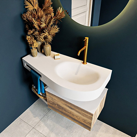 MONDIAZ RIVA 100cm badmeubel onderkast / planchet kleur Dark_Brown_Grey met 1 lade. Wastafel DULCET rechts 1 kraangat kleur Talc.