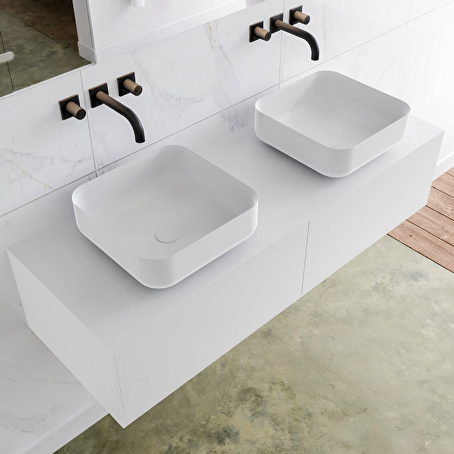 MONDIAZ LAGOM 130 badmeubel solid surface talc 2 lades BINX dubbel 0 kraangaten