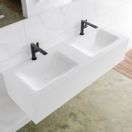 MONDIAZ LAGOM 130 badmeubel solid surface talc 1 lade CLOUD dubbel 2 kraangaten