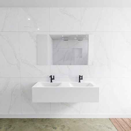 MONDIAZ LAGOM 130 badmeubel solid surface talc 1 lade CLOUD dubbel 2 kraangaten