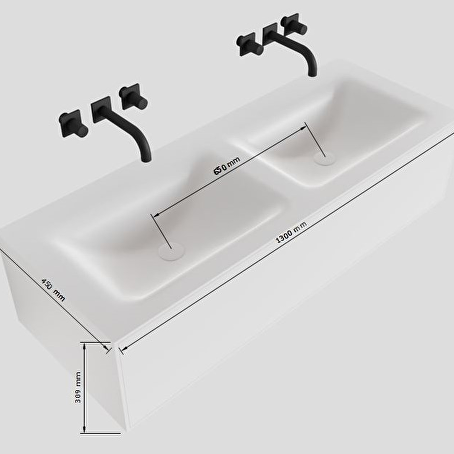 MONDIAZ LAGOM 130 badmeubel solid surface talc 1 lade CLOUD dubbel 2 kraangaten