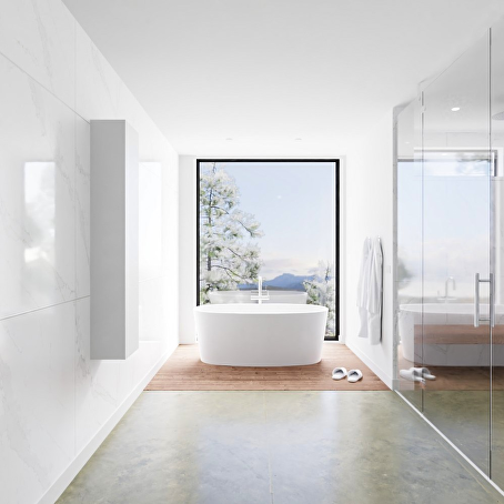 MONDIAZ LAGOM solid surface kolomkast 150 in kleur talc rechtsdraaiend.