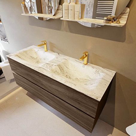 VICA-DLUX 130cm badmeubel onderkast Mocha 2 lades. Inbouw wastafel CLOUD dubbel 2 kraangaten, kleur Glace.
