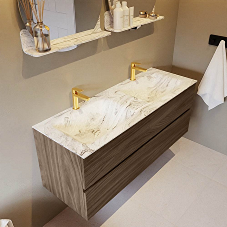 VICA-DLUX 130cm badmeubel onderkast Mocha 2 lades. Inbouw wastafel CLOUD dubbel 2 kraangaten, kleur Glace.