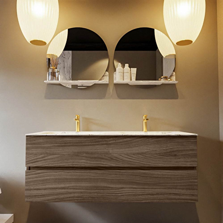 VICA-DLUX 130cm badmeubel onderkast Mocha 2 lades. Inbouw wastafel CLOUD dubbel 2 kraangaten, kleur Glace.