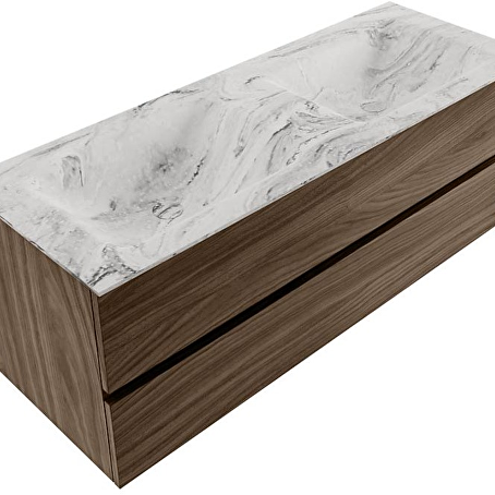 VICA-DLUX 130cm badmeubel onderkast Mocha 2 lades. Inbouw wastafel CLOUD dubbel 2 kraangaten, kleur Glace.