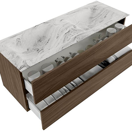 VICA-DLUX 130cm badmeubel onderkast Mocha 2 lades. Inbouw wastafel CLOUD dubbel 2 kraangaten, kleur Glace.