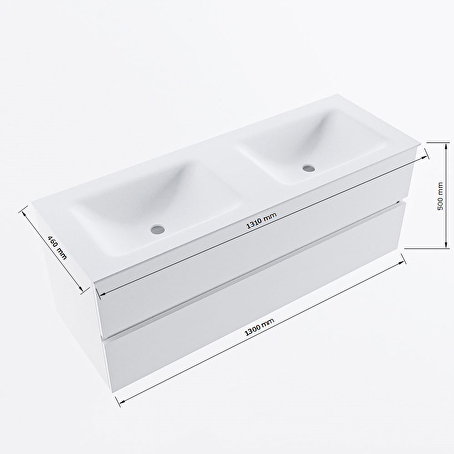 VICA-DLUX 130cm badmeubel onderkast Mocha 2 lades. Inbouw wastafel CLOUD dubbel 2 kraangaten, kleur Glace.