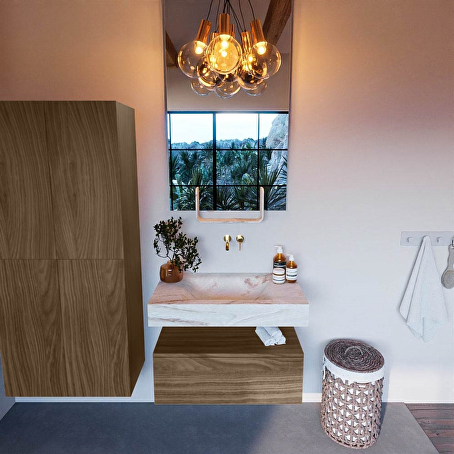 ALAN-DLUX 80cm badmeubel onderkast Mocha 1 lade. Vrijhangende wastafel CLOUD midden zonder kraangat, kleur Frappe.