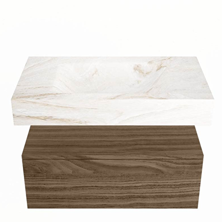 ALAN-DLUX 80cm badmeubel onderkast Mocha 1 lade. Vrijhangende wastafel CLOUD midden zonder kraangat, kleur Frappe.