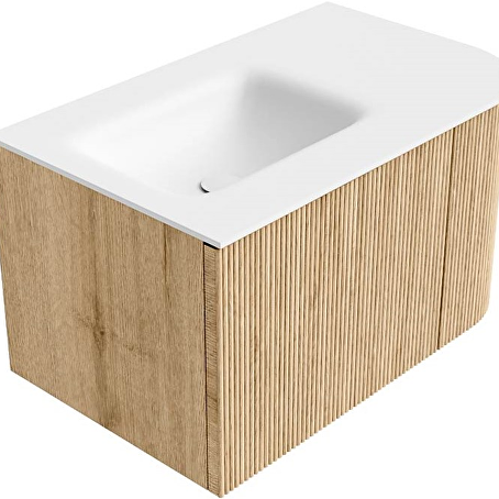 MONDIAZ KURVE 75cm badmeubel ronding Rechts kleur Oak met 1 lade en 1 deur. Wastafel GRUNNE Links zonder kraangat Talc.