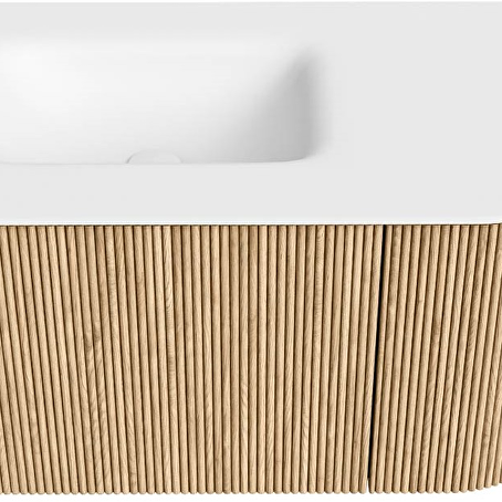 MONDIAZ KURVE 75cm badmeubel ronding Rechts kleur Oak met 1 lade en 1 deur. Wastafel GRUNNE Links zonder kraangat Talc.