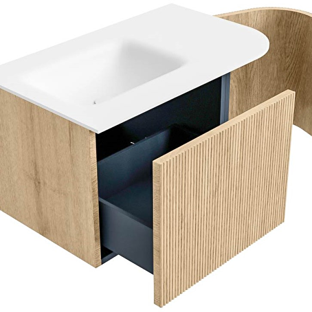 MONDIAZ KURVE 75cm badmeubel ronding Rechts kleur Oak met 1 lade en 1 deur. Wastafel GRUNNE Links zonder kraangat Talc.