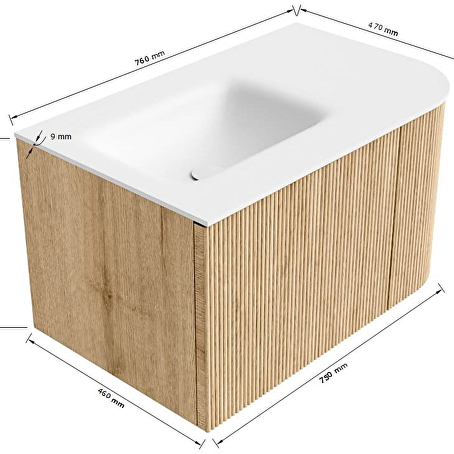 MONDIAZ KURVE 75cm badmeubel ronding Rechts kleur Oak met 1 lade en 1 deur. Wastafel GRUNNE Links zonder kraangat Talc.