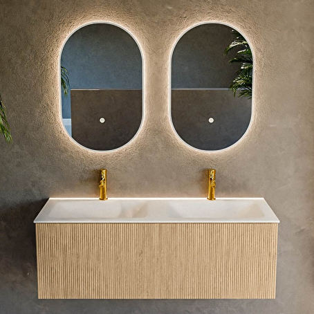 MONDIAZ KURVE 120cm badmeubel kleur Oak met 1 lade en 0 deuren. Wastafel CLOUD Dubbel 2 kraangaten Talc.