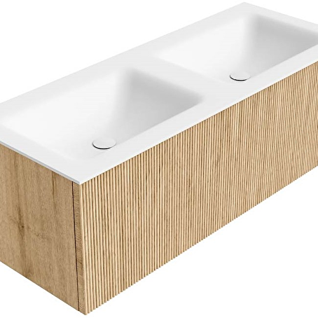 MONDIAZ KURVE 120cm badmeubel kleur Oak met 1 lade en 0 deuren. Wastafel CLOUD Dubbel 2 kraangaten Talc.