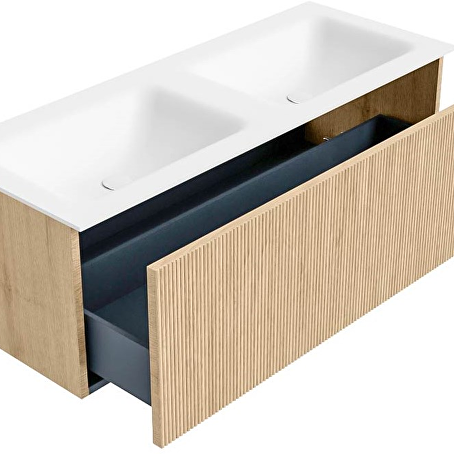 MONDIAZ KURVE 120cm badmeubel kleur Oak met 1 lade en 0 deuren. Wastafel CLOUD Dubbel 2 kraangaten Talc.