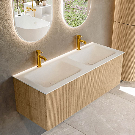MONDIAZ KURVE 120cm badmeubel kleur Oak met 1 lade en 0 deuren. Wastafel CLOUD Dubbel 2 kraangaten Talc.