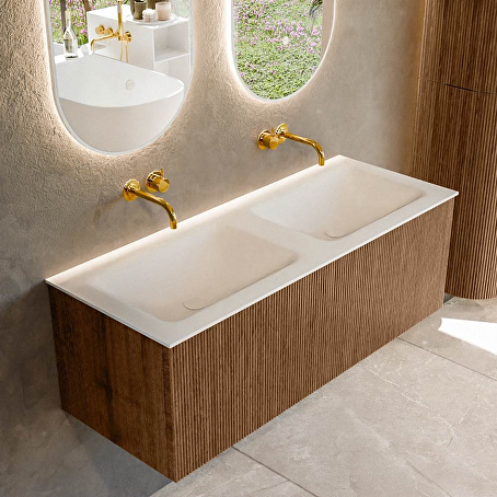 MONDIAZ KURVE 120cm badmeubel kleur Walnut met 1 lade en 0 deuren. Wastafel CLOUD Dubbel zonder kraangat Talc.