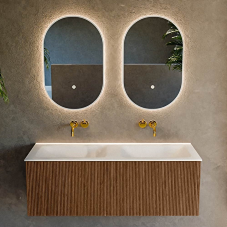 MONDIAZ KURVE 120cm badmeubel kleur Walnut met 1 lade en 0 deuren. Wastafel CLOUD Dubbel zonder kraangat Talc.