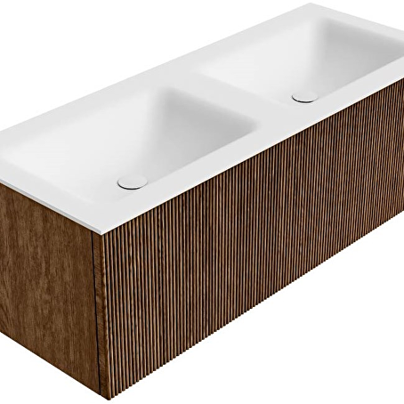 MONDIAZ KURVE 120cm badmeubel kleur Walnut met 1 lade en 0 deuren. Wastafel CLOUD Dubbel zonder kraangat Talc.