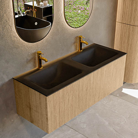 MONDIAZ KURVE 120cm badmeubel kleur Oak met 1 lade en 0 deuren. Wastafel CLOUD Dubbel 2 kraangaten Urban.