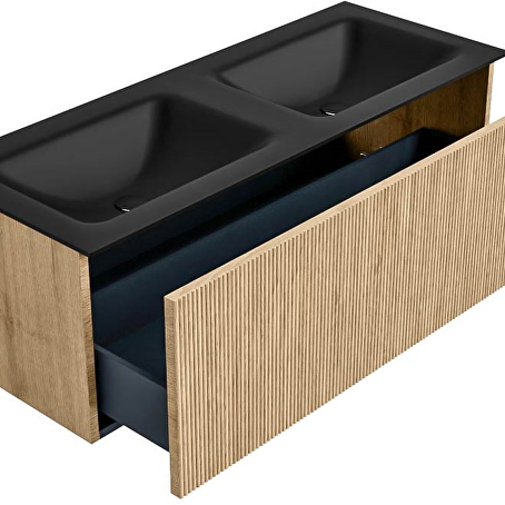 MONDIAZ KURVE 120cm badmeubel kleur Oak met 1 lade en 0 deuren. Wastafel CLOUD Dubbel 2 kraangaten Urban.