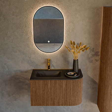 MONDIAZ KURVE 75cm badmeubel ronding Rechts kleur Walnut met 1 lade en 1 deur. Wastafel GRUNNE Links 1 kraangat Urban.