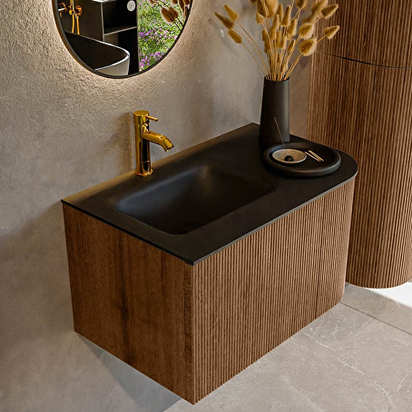 MONDIAZ KURVE 75cm badmeubel ronding Rechts kleur Walnut met 1 lade en 1 deur. Wastafel GRUNNE Links 1 kraangat Urban.