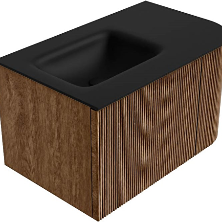 MONDIAZ KURVE 75cm badmeubel ronding Rechts kleur Walnut met 1 lade en 1 deur. Wastafel GRUNNE Links 1 kraangat Urban.