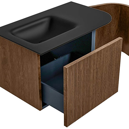 MONDIAZ KURVE 75cm badmeubel ronding Rechts kleur Walnut met 1 lade en 1 deur. Wastafel GRUNNE Links 1 kraangat Urban.