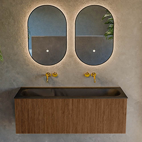 MONDIAZ KURVE 120cm badmeubel kleur Walnut met 1 lade en 0 deuren. Wastafel BIG LARGE Midden zonder kraangat Urban.