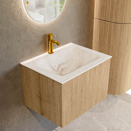 MONDIAZ KURVE-DLUX 60cm badmeubel kleur Oak met 1 lade en 0 deuren. Wastafel CLOUD Midden 1 kraangat Frappe.