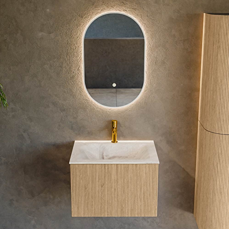 MONDIAZ KURVE-DLUX 60cm badmeubel kleur Oak met 1 lade en 0 deuren. Wastafel CLOUD Midden 1 kraangat Frappe.