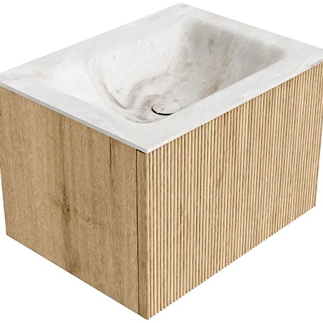 MONDIAZ KURVE-DLUX 60cm badmeubel kleur Oak met 1 lade en 0 deuren. Wastafel CLOUD Midden 1 kraangat Frappe.