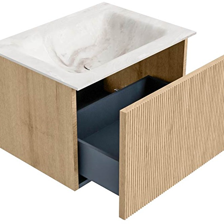 MONDIAZ KURVE-DLUX 60cm badmeubel kleur Oak met 1 lade en 0 deuren. Wastafel CLOUD Midden 1 kraangat Frappe.