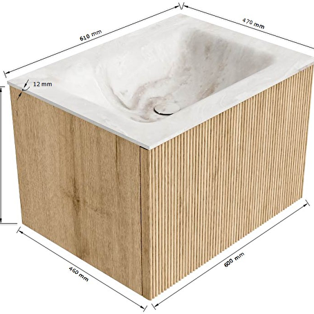 MONDIAZ KURVE-DLUX 60cm badmeubel kleur Oak met 1 lade en 0 deuren. Wastafel CLOUD Midden 1 kraangat Frappe.