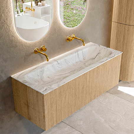 MONDIAZ KURVE-DLUX 120cm badmeubel kleur Oak met 1 lade en 0 deuren. Wastafel BIG LARGE Midden zonder kraangat Glace.