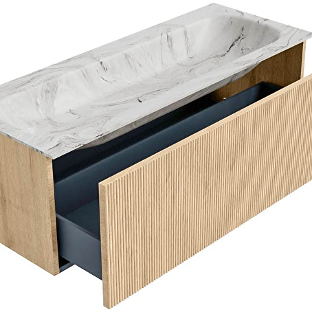 MONDIAZ KURVE-DLUX 120cm badmeubel kleur Oak met 1 lade en 0 deuren. Wastafel BIG LARGE Midden zonder kraangat Glace.
