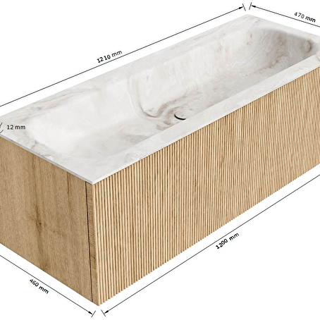 MONDIAZ KURVE-DLUX 120cm badmeubel kleur Oak met 1 lade en 0 deuren. Wastafel BIG LARGE Midden zonder kraangat Glace.