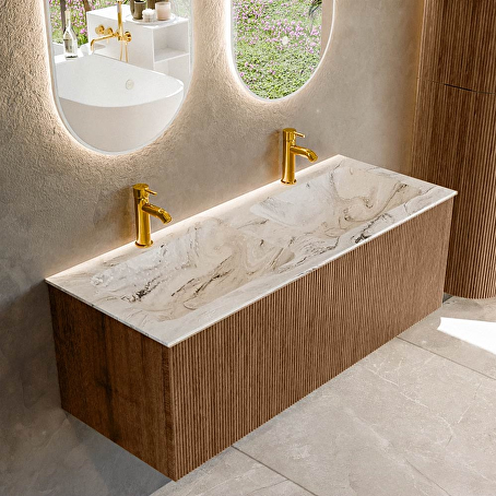 MONDIAZ KURVE-DLUX 120cm badmeubel kleur Walnut met 1 lade en 0 deuren. Wastafel LEAF Dubbel 2 kraangaten Glace.