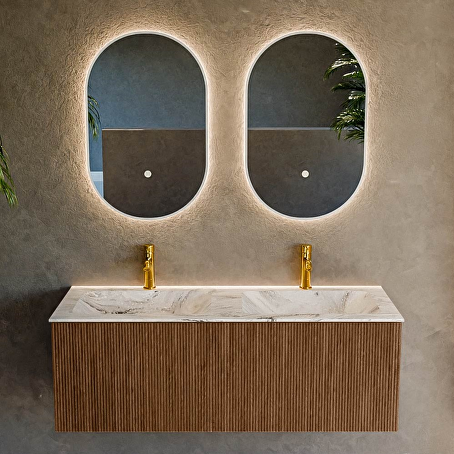 MONDIAZ KURVE-DLUX 120cm badmeubel kleur Walnut met 1 lade en 0 deuren. Wastafel LEAF Dubbel 2 kraangaten Glace.