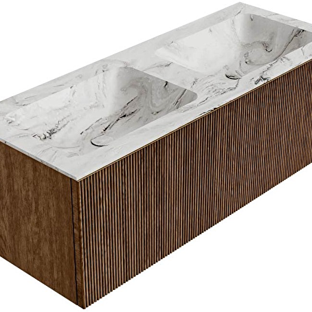 MONDIAZ KURVE-DLUX 120cm badmeubel kleur Walnut met 1 lade en 0 deuren. Wastafel LEAF Dubbel 2 kraangaten Glace.