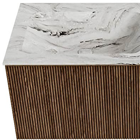 MONDIAZ KURVE-DLUX 120cm badmeubel kleur Walnut met 1 lade en 0 deuren. Wastafel LEAF Dubbel 2 kraangaten Glace.